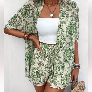 Green and White Floral Two-Piece Set